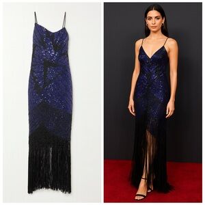 Conner Ives Silk Purple Sequin Gown Black Fringe Dress Large Demi-Couture NWT